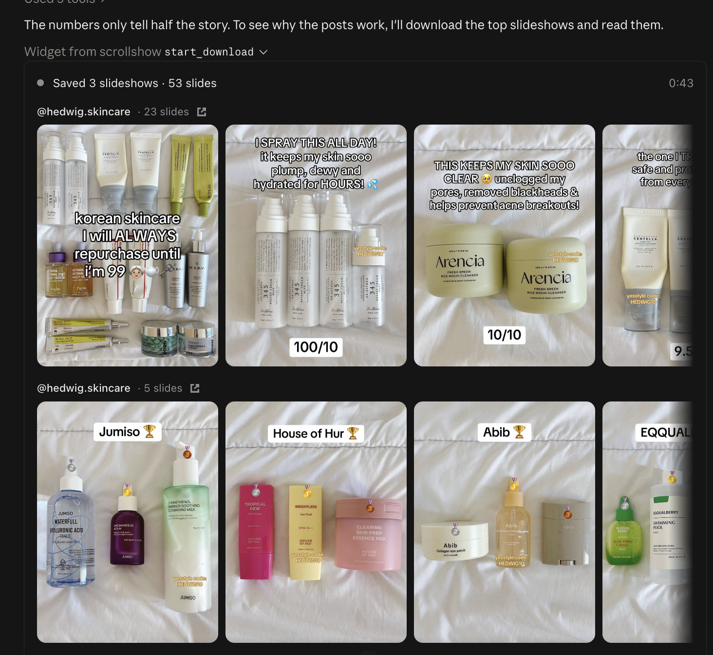 An agent conversation showing ScrollShow's downloaded slideshows from @hedwig.skincare, slide by slide