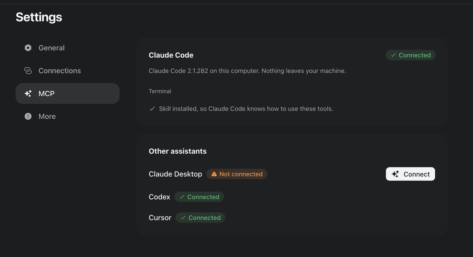 ScrollShow Settings, MCP tab: Claude Code connected with its skill installed, and Claude Desktop, Codex and Cursor under Other assistants