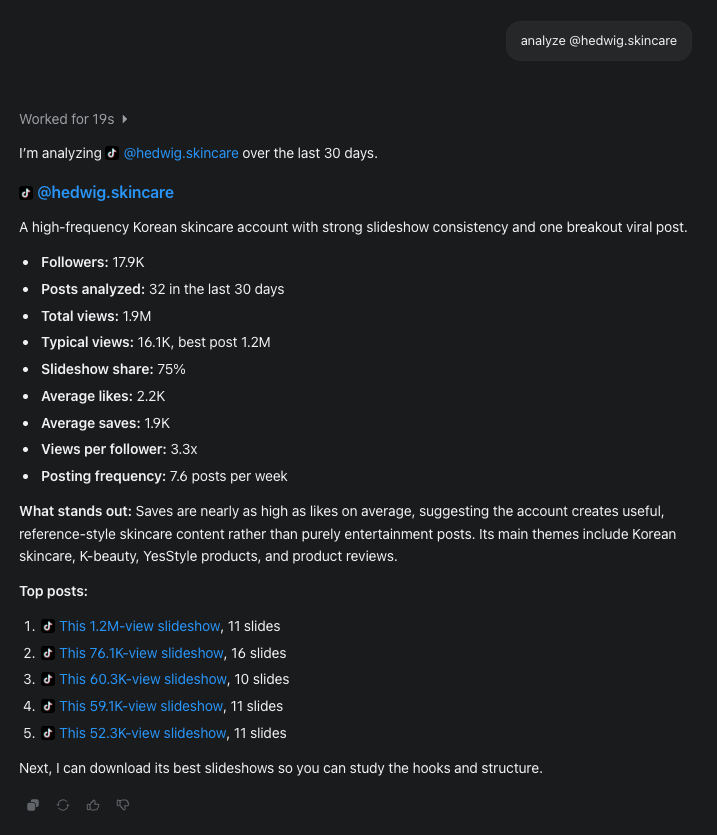 The analysis of @hedwig.skincare: followers, posts analyzed, total and typical views, slideshow share, average likes and saves, views per follower, posting frequency, what stands out and its top posts