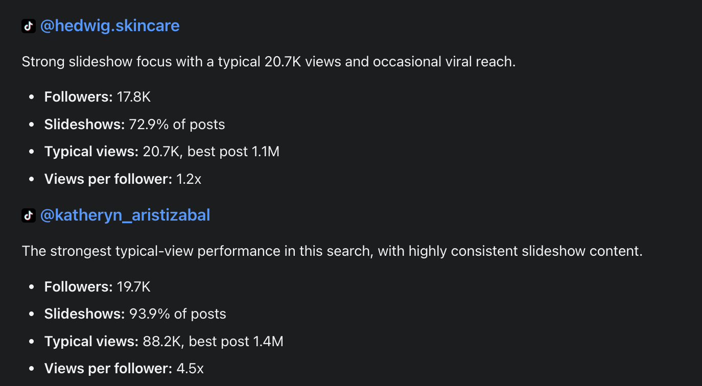 Search results with each account's followers, slideshow share, typical views, best post and views per follower