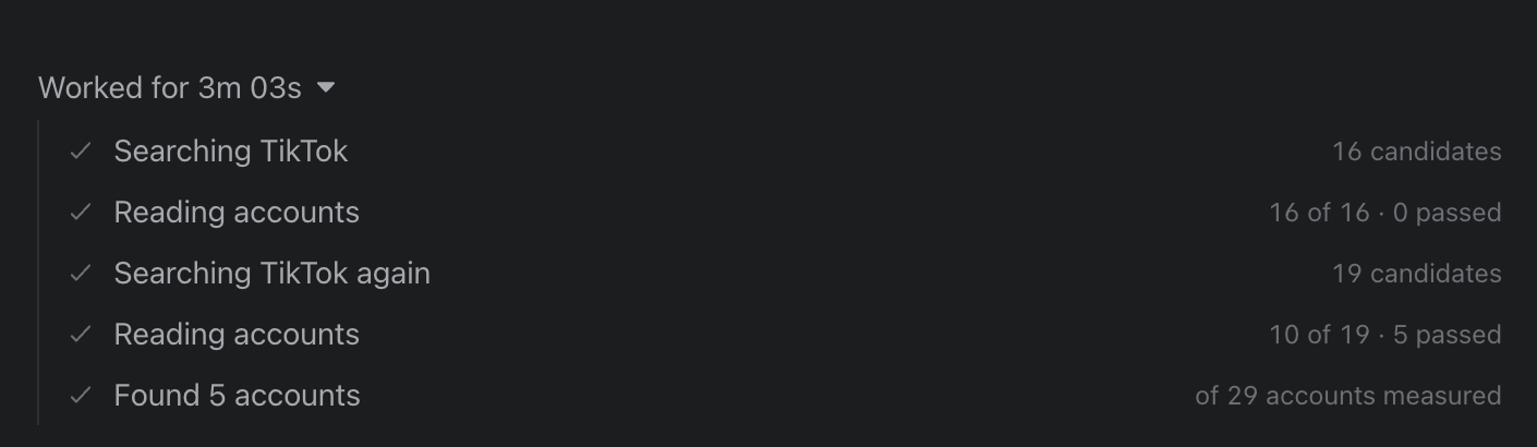 A ScrollShow search finished in the chat: searching TikTok, reading accounts, and 5 accounts found out of 29 measured